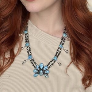 Golden Hills Turquoise Solid Sterling Silver Squash Blossom Necklace